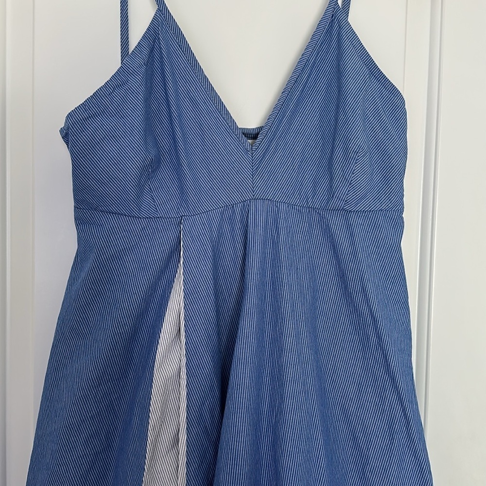 Zara Poplin Pinstripe Blue Midi Dress Pockets Sz M - Picture 8 of 14